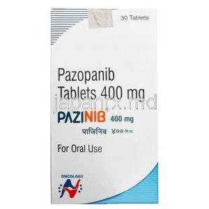 パジニブ, パゾパニブ 400 mg, 30錠, 製造元：Hetero Drugs Ltd, 箱表面