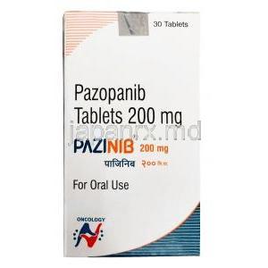 パジニブ, パゾパニブ 200 mg, 30錠, 製造元：Hetero Drugs Ltd, 箱表面