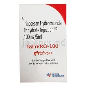 インテロ 100 注射, イリノテカン 100 mg, 注射バイアル, 製造元： Hetero Healthcare,箱表面