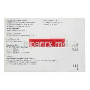 コルダロン 注射,  塩酸アミオダロン 150 mg, 3mL X 6 バイアル,製造元： Sanofi India, 箱表面