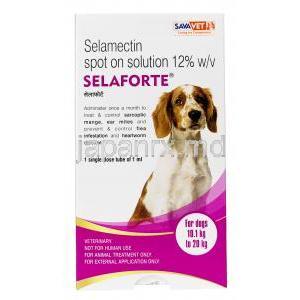 セラフォーテ スポットオン, 中型犬用 (10.1kg to 20kg),セラメクチン 1mLあたり120 mg, チューブ1mL, 製造元：SAVA Healthcare, 箱表面