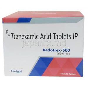 レドトレックス, トラネキサム酸 500 mg, 製造元：Leeford Healthcare Ltd, 箱表面