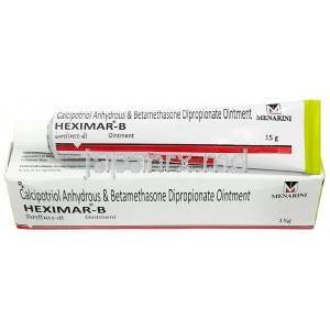 ヘキシマル B 軟膏,ベタメタゾン 0.05%/ カルシポトリオール 0.005% 15g 軟膏,製造元： Menarini India, 箱,チューブ