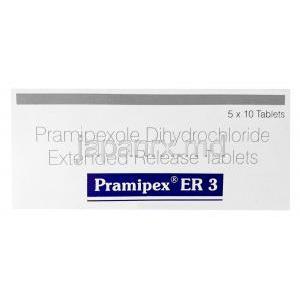 プラミペックス ER 3, プラミペキソール 3mg, 徐放性錠, 製造元：Sun Pharmaceutical Industries, 箱表面