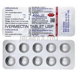 イベルジョン 6, イベルメクチン 6 mg,製造元： Johnlee Pharmaceuticals, シート表面, シート裏面