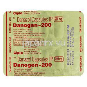 ダノジェン Danogen,  ダノクリン ジェネリック,  ダイナゾール 200mg カプセル (Cipla) 包装裏面