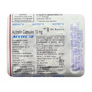 アセテック Acetec, ソリアタンジェネリック, アシトレチン 10mg 錠 (Dr.Reddy's) 包装裏面
