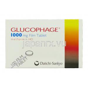 グルコファージ Glucophage, メトホルミン 1,000mg 錠 (ロシェ社) 箱