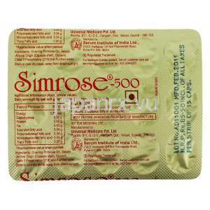 シムローズ Simrose, イブニングプリムローズ油 500mg カプセル (Universal Medicare) 包装裏面