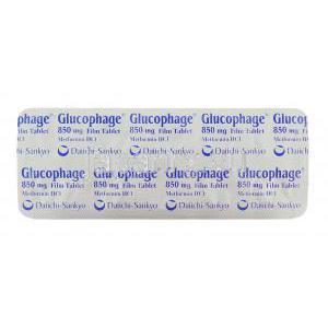 グルコファージ Glucophage, メトホルミン 850mg 錠 (ロシェ社) 包装裏面