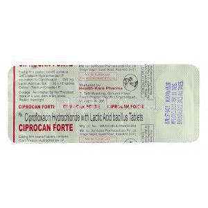 シプロカン フォルテ Ciprocan Forte, シプロフロキサシン＋ラクト乳酸菌 250mg (Health Kare Pharma) 包装裏面