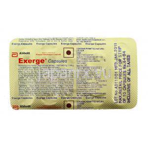 エグザージュ Exerge, ベータカロチン 6mg / ビタミン C 150mg カプセル (Nicholas Piramal) 包装裏面