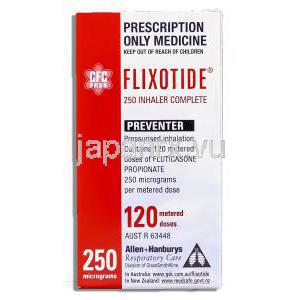 フリゾタイド Flixotide, フルチカゾンプロピオン酸エステル 250mcg 吸入剤 (GSK) 箱