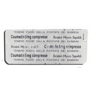 クーマディン Coumadin, ワーファリンジェネリック, ワルファリン 5mg 錠 ( Bristol-Myers) 包装裏面