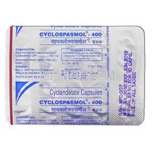 シクランデレート, Cyclospasmol,  400mg カプセル (Elder Pharma) 包装裏面
