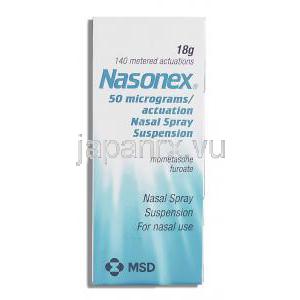 ナゾネックス Nasonex, フランカルボン酸モメタゾン 50mcg 鼻スプレー (MSD) 箱