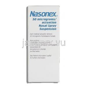 ナゾネックス Nasonex, フランカルボン酸モメタゾン 50mcg 鼻スプレー (MSD) 箱側面