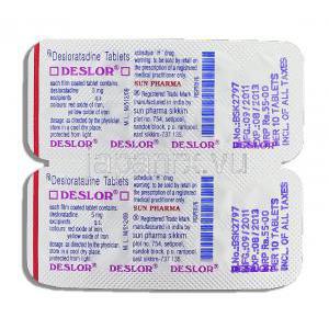 デスロー Deslor, クラリネックス ジェネリック, デスロラタジン 5mg  錠 （Sun Pharma） 包装裏面