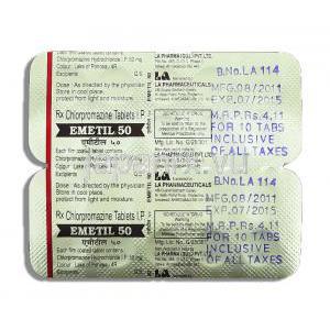 エメティル Emetil, ウインタミン ジェネリック, クロルプロマジン 50mg 錠 (LA Pharma) 包装裏面