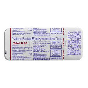トロールH50 Tolol H 50, メトプロロール/ヒドロクロロチアジド, ロプレッサー HCT, 50mg / 12.5mg 錠 (Unichem) 包装裏
