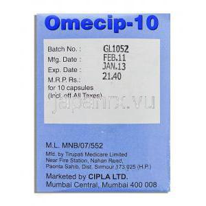 オメシップ Omecip, オメプラゾール , 10mg カプセル (Cipla) 製造者情報