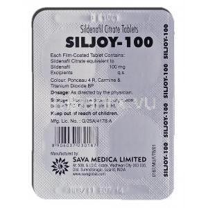 シルジョイ100 Siljoy-100, バイアグラ ジェネリック, 100m 錠  (Sava medica) 包装裏面