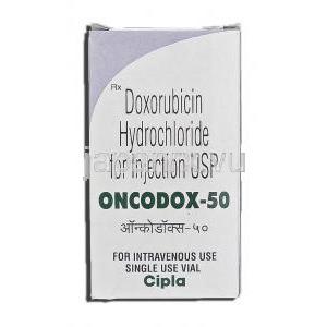 オンコドックス50 Oncodox-50, ドキシル ジェネリック, ドキソルビシン 50mg 注射バイアル (Cipla) 箱
