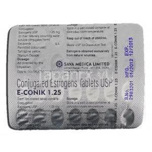 E-コニック E-Conik 1.25, プレマリン ジェネリック, 結合型エストロゲン, 1.25mg, 錠 包装裏面