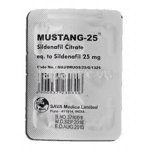 ムスタン-25 Mustang-25, シルデナフィル, 25mg, 錠 包装裏面