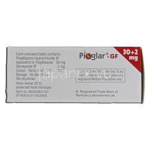 ピオグラーGF Pioglar-GF, アクトス GF ジェネリック, ピオグリタゾン・グリメピリド, 錠 箱裏面