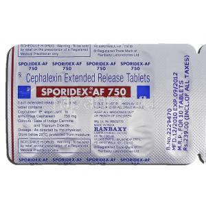 スポリデックス-AF 750 Sporidex-AF 750, ケフレックス ジェネリック, セファレキシン ER, 750mg, 錠 包装裏面
