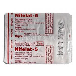 ニフェラット-5 Nifelat-5, アダラート ジェネリック, ニフェジピン, 5mg, 包装裏面