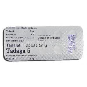 タダガ5 Tadaga 5, タダラフィル 5mg, 包装裏面