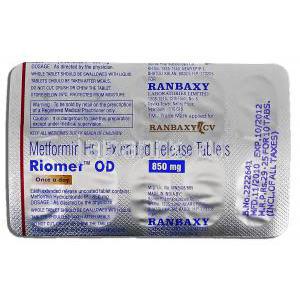 リオメットOD Riomet OD, メトホルミン ER, 850mg, 錠 包装裏面