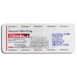 グリムダ1 Glimda 1, アマリール ジェネリック, グリメピリド 1mg, 包装裏面