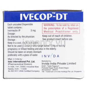 イベコップDT Ivecop-DT, ストロメクトール ジェネリック, イベルメクチン 3mg, 箱裏面