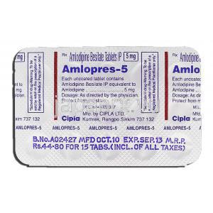 アムロプレス5 Amlopres 5, アムロジン/ノルバスク ジェネリック, アムロジピン 5mg, 錠 包装裏面