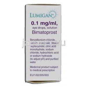 ルミガン Lumigan, ビマトプロスト 0.1 mg/ml, 点眼薬, 箱記載情報