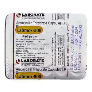 ラブモックス500 Labmox 500, アモキシシリン ジェネリック, アモキシシリン 500mg, 錠, 包装裏面