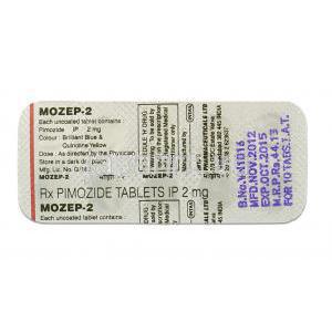 モゼップ Mozep, オラップ ジェネリック, ピモジド, 2 mg, 錠 包装裏面