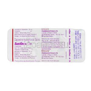 サスティネックス-30 Sustinex-30, プリリジー ジェネリック, ダポキセチン, 30 mg, 錠, 包装裏面