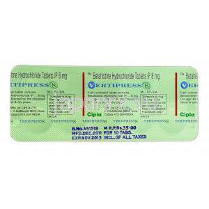 バーティプレス8 Vertipress 8, メリスロン ジェネリック, , ベタヒスチン, 8 mg, 錠, 包装裏面