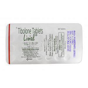 リバイアル Livial, チボロン, 2.5 mg, 包装裏面