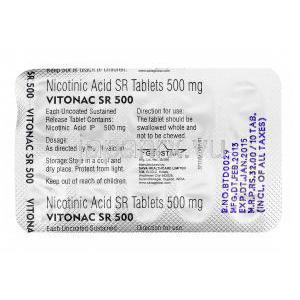 ビトナック SR  Vitonac SR, ナイクリン ジェネリック, ニコチン酸 SR  500mg, 錠, 包装裏面