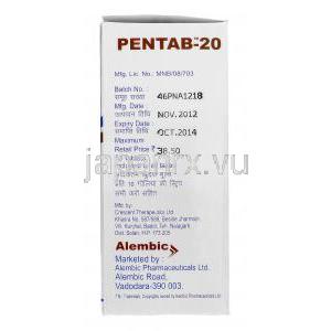 ペンタブ20 Pentab 20, プロトニックス ジェネリック, パントプラゾール 20 mg 錠, 製造者情報