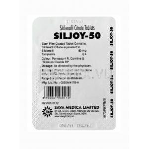 シルジョイ-50 Siljoy-50、ジェネリックバイアグラ、シルデナフィルクエン酸塩50mg　包装裏面