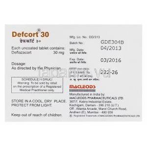 デフコート30　Defcort30、ジェネリックカルコート　Calcort、デフラザコート30mg　製造情報