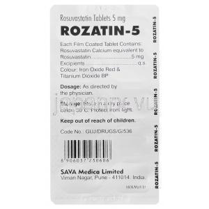 Rozatin-5　ロザチン、ジェネリッククレストール、ロスバスタチン5mg　包装裏情報