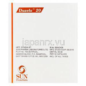 デュゼラ　Duzela、ジェネリックシンバルタ、デュロキセチン20mg　Sun Pharma製