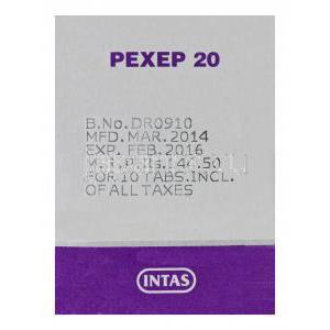 パキシル Pexep 20、ジェネリックパキシル、パロキセチン塩酸塩 20mg　製造番号